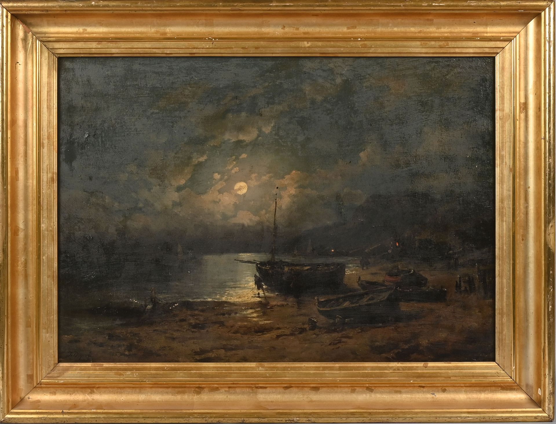 Null Jules DUPRÉ
(Nantes 1811 - L'Isle-Adam 1889)
Paisaje con un barco a la luz &hellip;