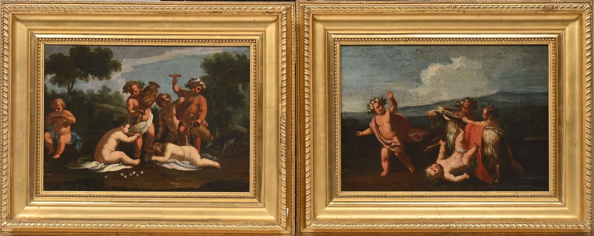Null 19世纪意大利安尼瓦尔-卡拉奇风格的学校
景观中的普蒂
与山羊玩耍的普蒂
一对画，在其原始画布上
27,5 x 37,5 cm.

专家：René M&hellip;