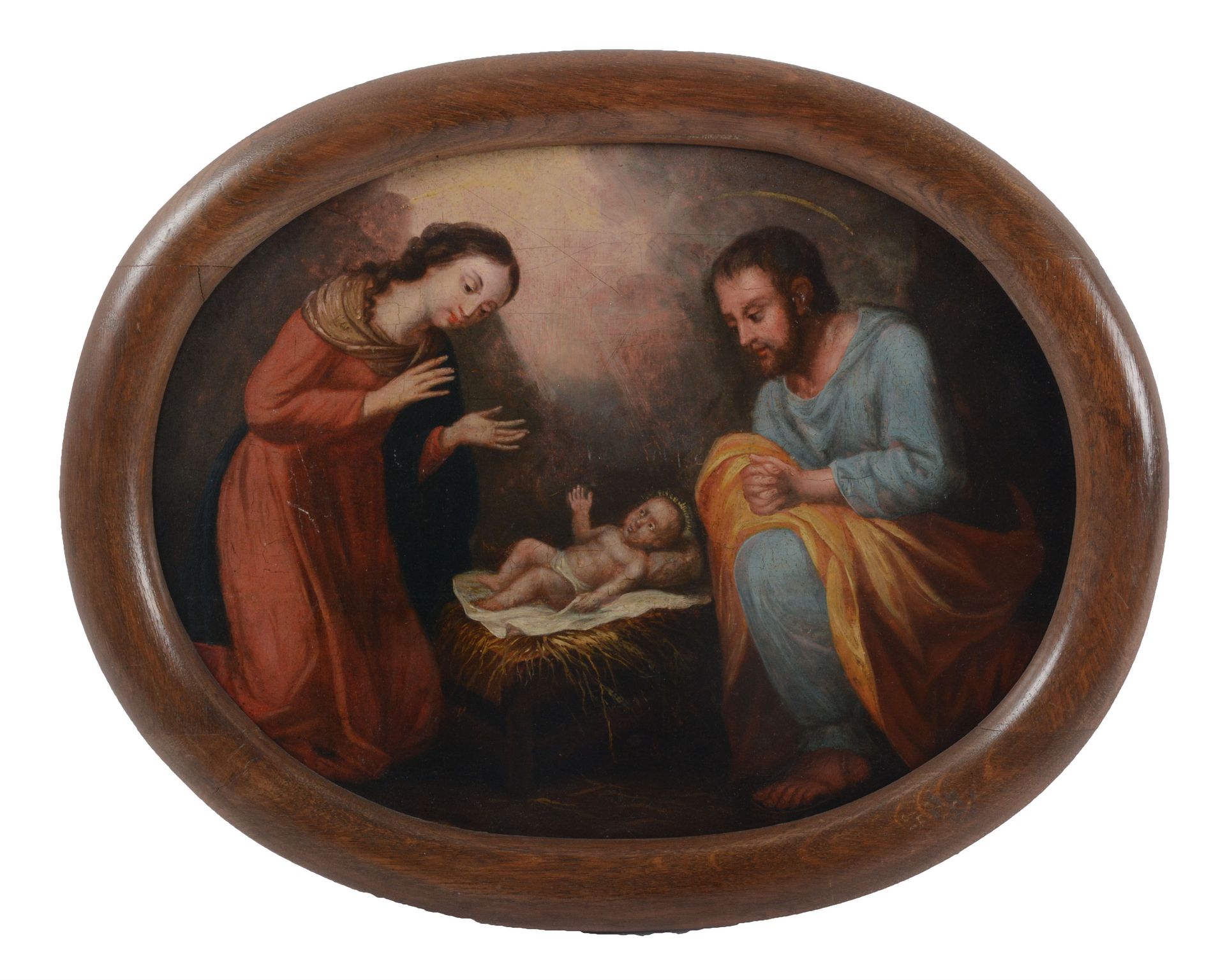 Null 17世纪的学校
耶稣诞生 
椭圆形面板上的油画，镶木地板和裂缝。 
25 x 32厘米。