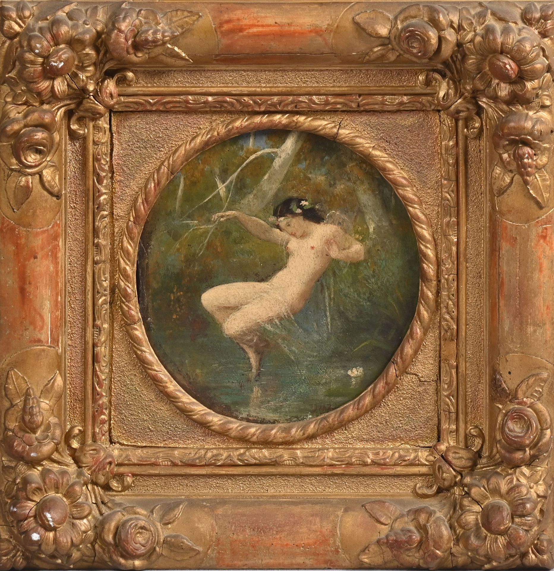 Null 约1880年法国学校，保罗-鲍德里的随行人员
沐浴中的仙女
镶嵌在面板上的帆布
15 x 14,5 cm.

专家：René Millet。