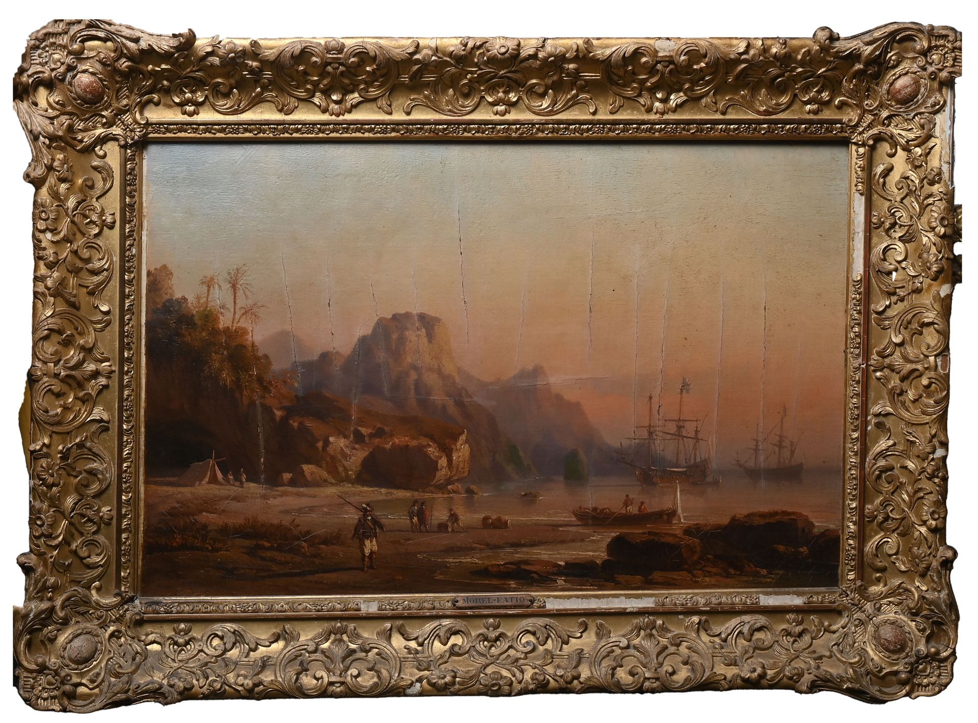 Null 莫雷尔-法蒂奥-莱昂（1810-1871），1853年起担任海军官方画师
在岛上登陆
布面油画，左下角有签名（裂缝和升降）。
38 x 58厘米。