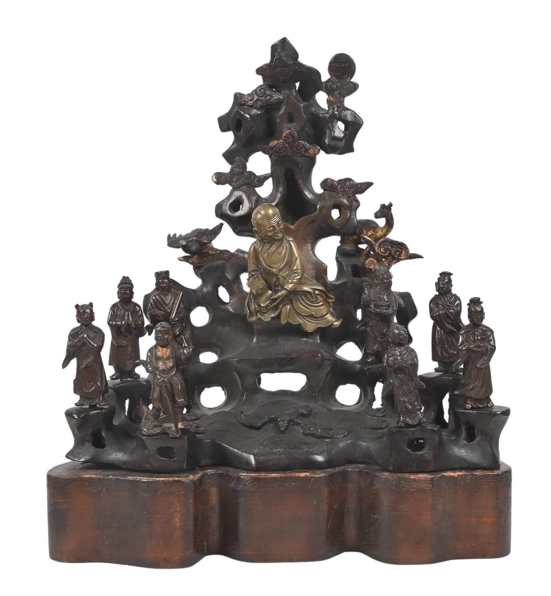 Null CHINA - 17th/18th century
Bronze group with brown patina, Shoulao and the e&hellip;