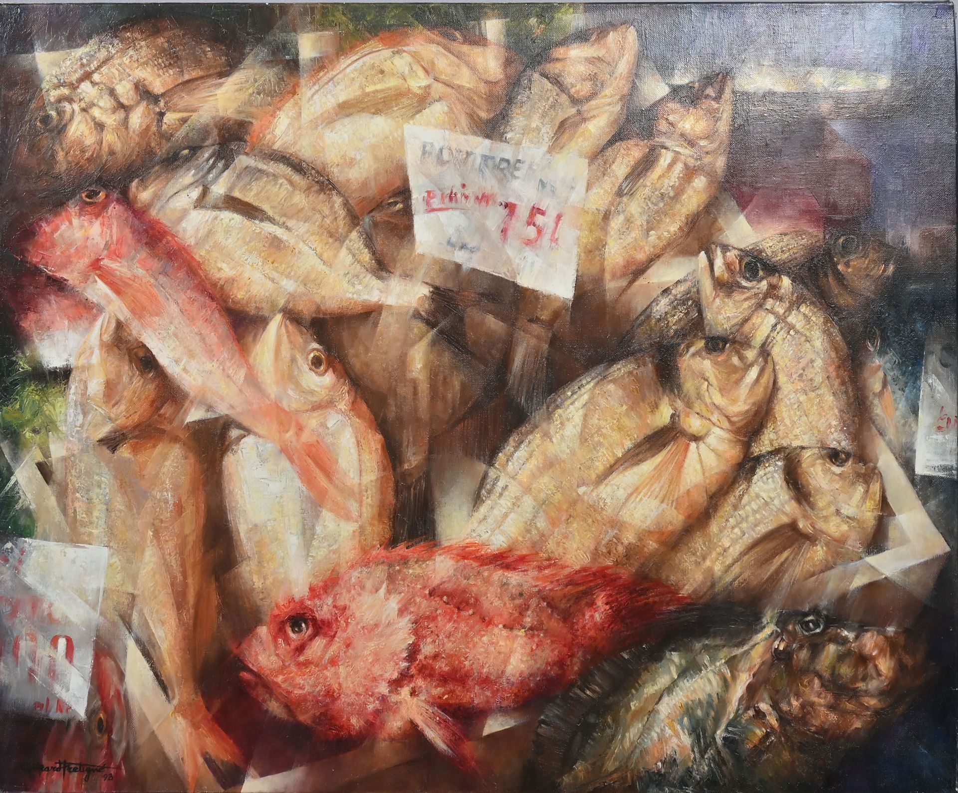 Null 杰拉德-弗雷迪内 (1928-2005)
市场上的鱼 - 1993
布面油画
左下方有签名，日期为93
60 x 73 cm。