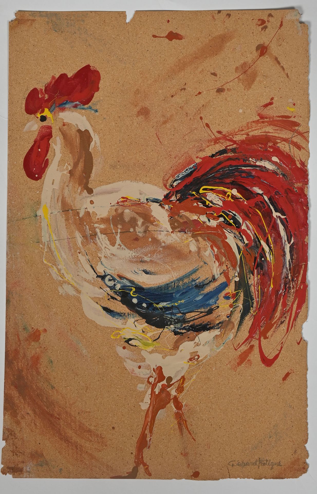 Null 杰拉德-弗莱迪内(Gérard FRETIGNE) (1928-2005)
公鸡
软木板上的油彩（撕裂，缺失）。
右下方有签名
46 x 30 cm。