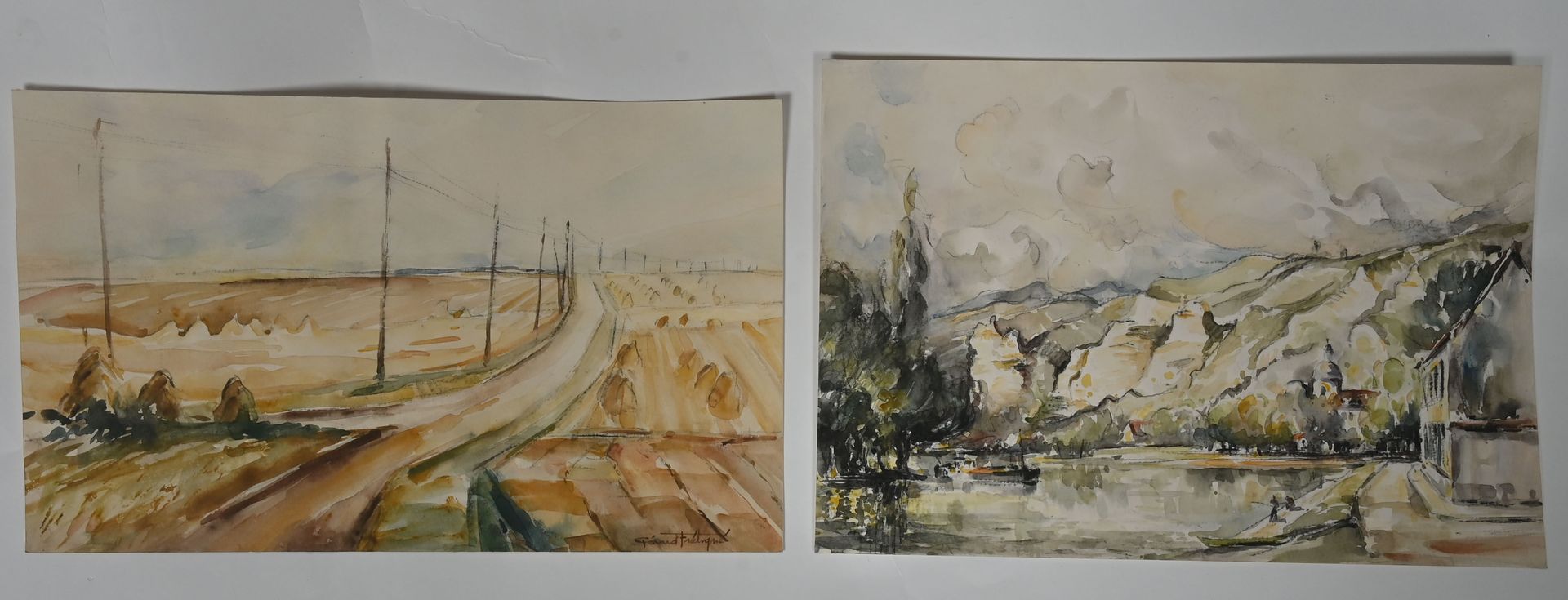 Null 热拉尔-弗莱蒂内 (1928-2005)
塞纳河的边缘和博斯的景色
两幅水彩画
第一幅背面有签名和标题，第二幅右下方有签名
大幅作品的尺寸：24 x &hellip;