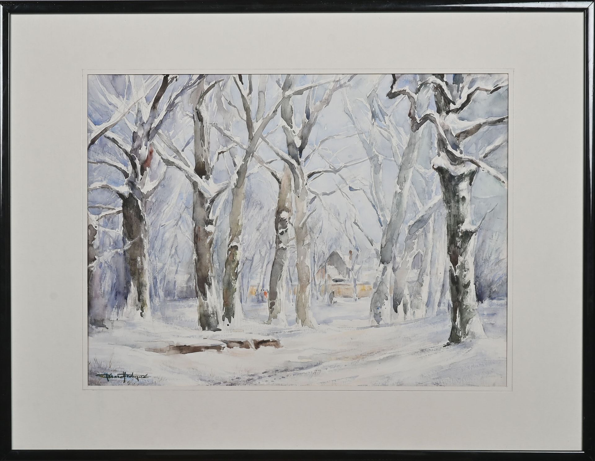 Null Gérard FRETIGNE (1928-2005)
雪景
水彩画 
左下方有签名
现代黑漆画框
35 x 47 cm at sight.