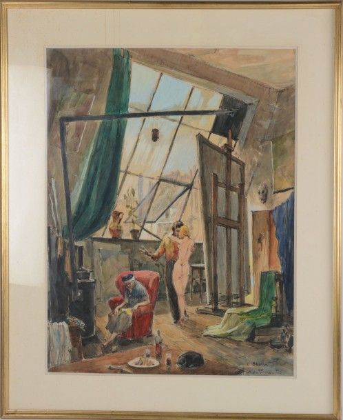 Null C. BRUNI 

"L'atelier du peintre"

Dessin aquarellé situé et daté : Montmar&hellip;