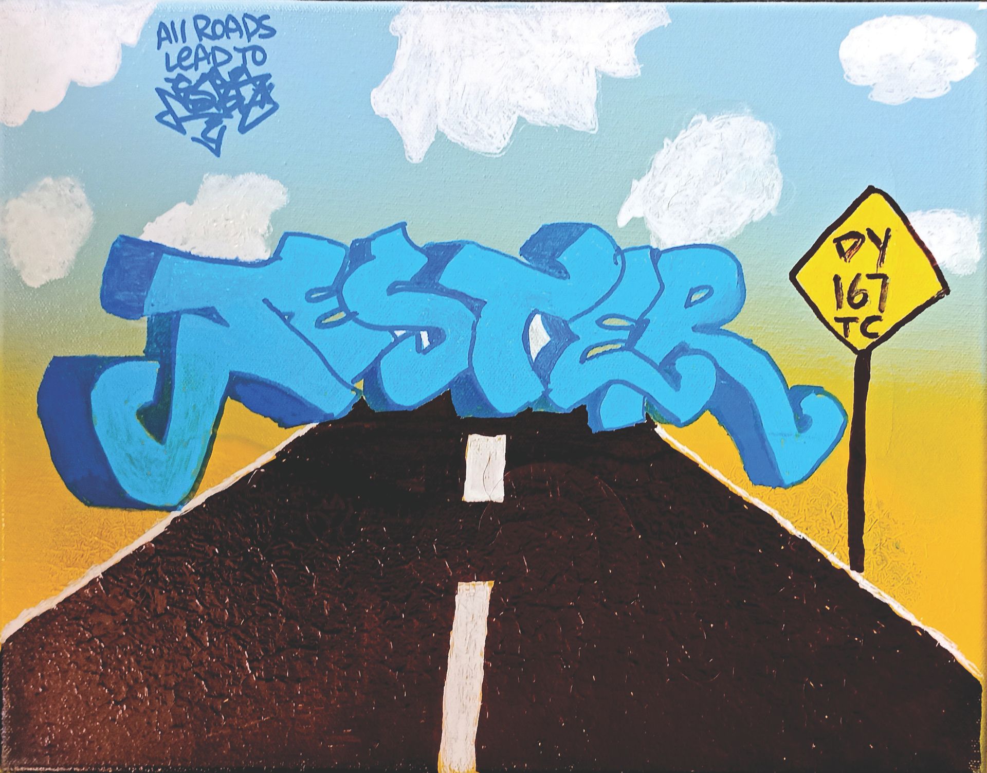Null JESTER又名DY167 (20日)

条条大路通向杰斯特

画布上的混合媒体

作品中有签名，左上角有标题

28 x 36 厘米



出处：私&hellip;