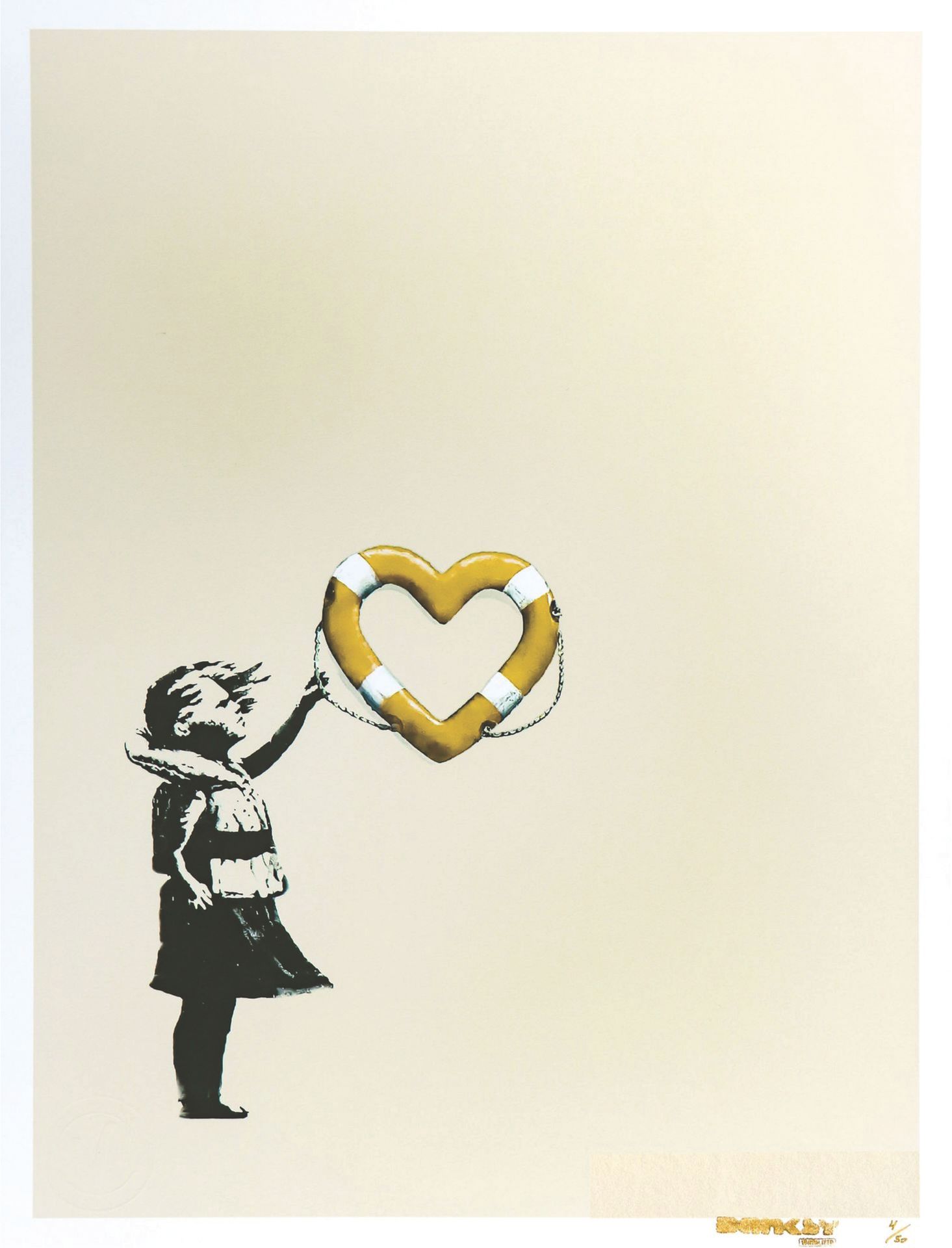 Null 班克西（1974年），在 "后现代破坏者 "之后

有心形花车的女孩

(黄金版)

纸上丝印

右下方盖有4/50的印章和编号

44 x 33 c&hellip;