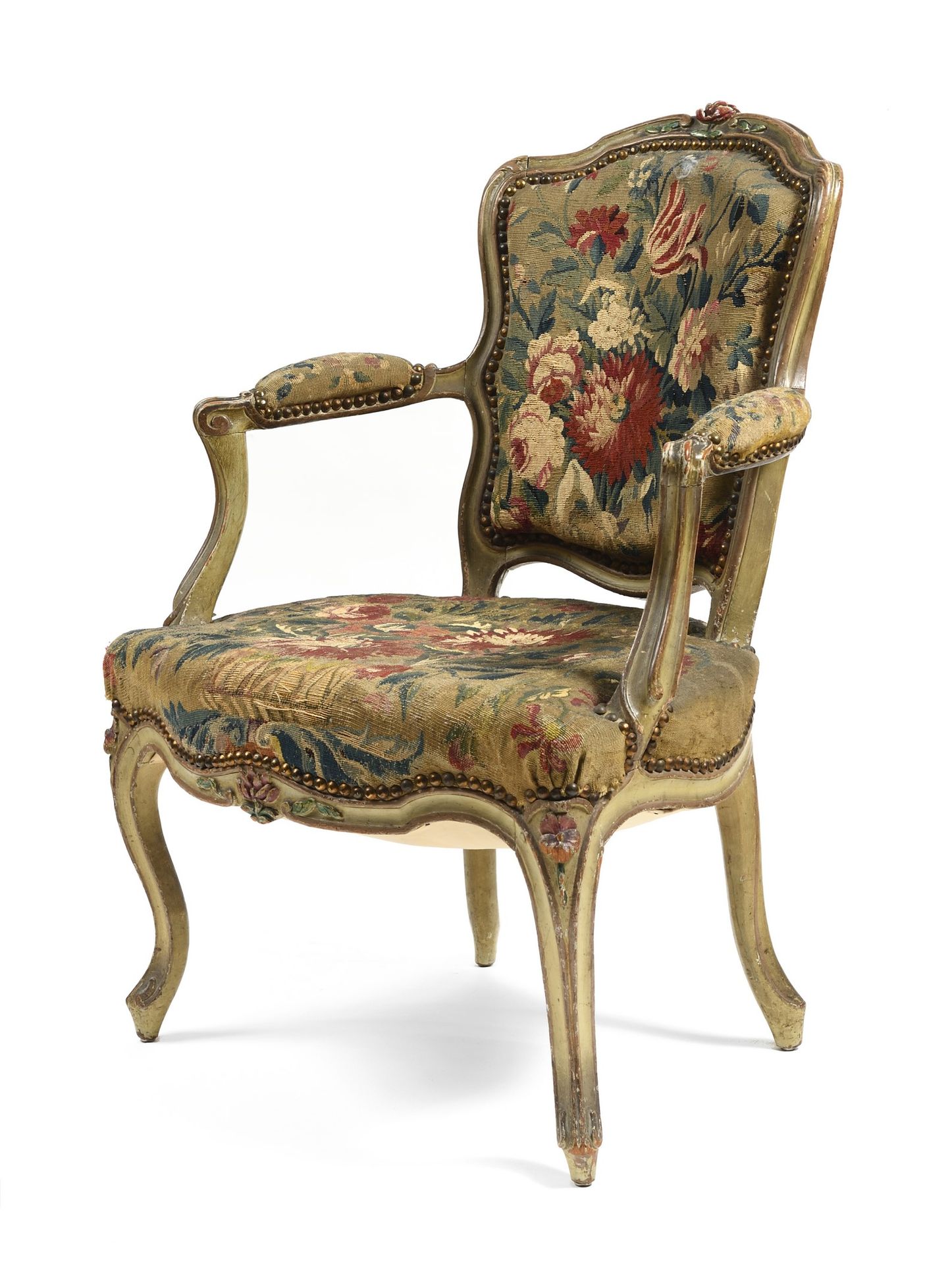 Null Carved and painted wood cabriolet armchair with flowers, backrest with stap&hellip;