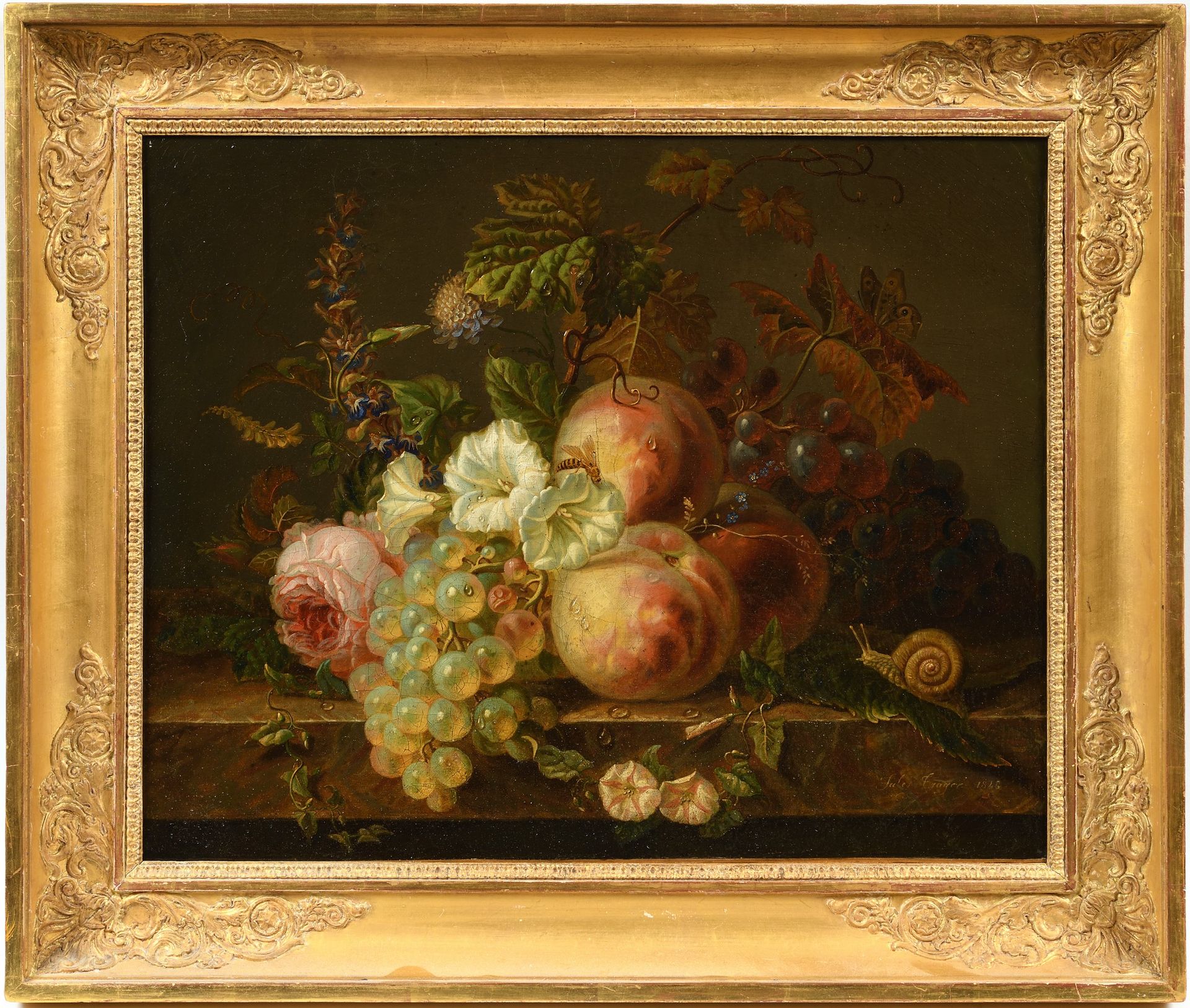 Null Jules TRAGER, XIXe. Nature morte aux fleurs. Huile sur toile, signée en bas&hellip;