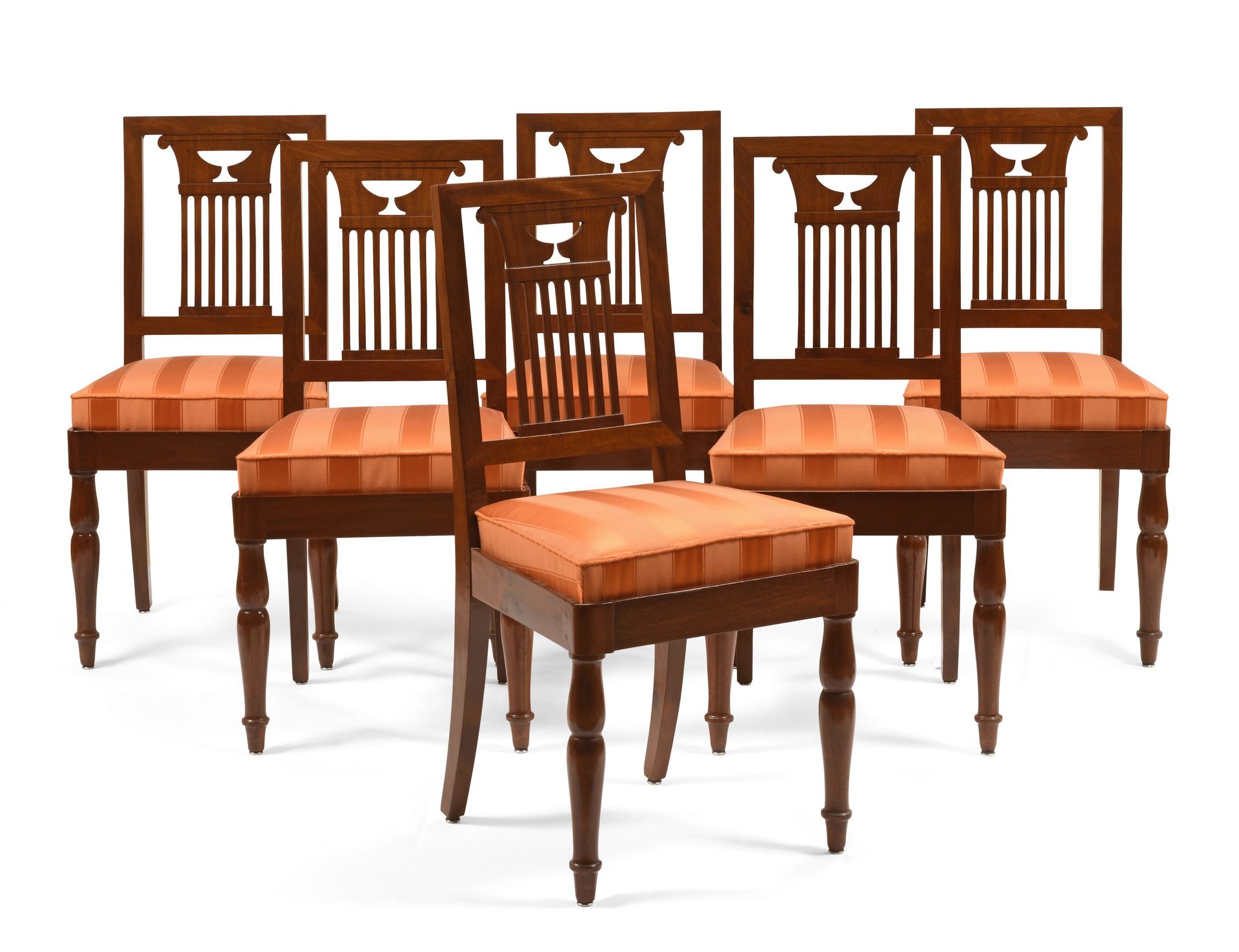 Null Suite of six solid mahogany frame chairs, openwork Etruscan back, front leg&hellip;