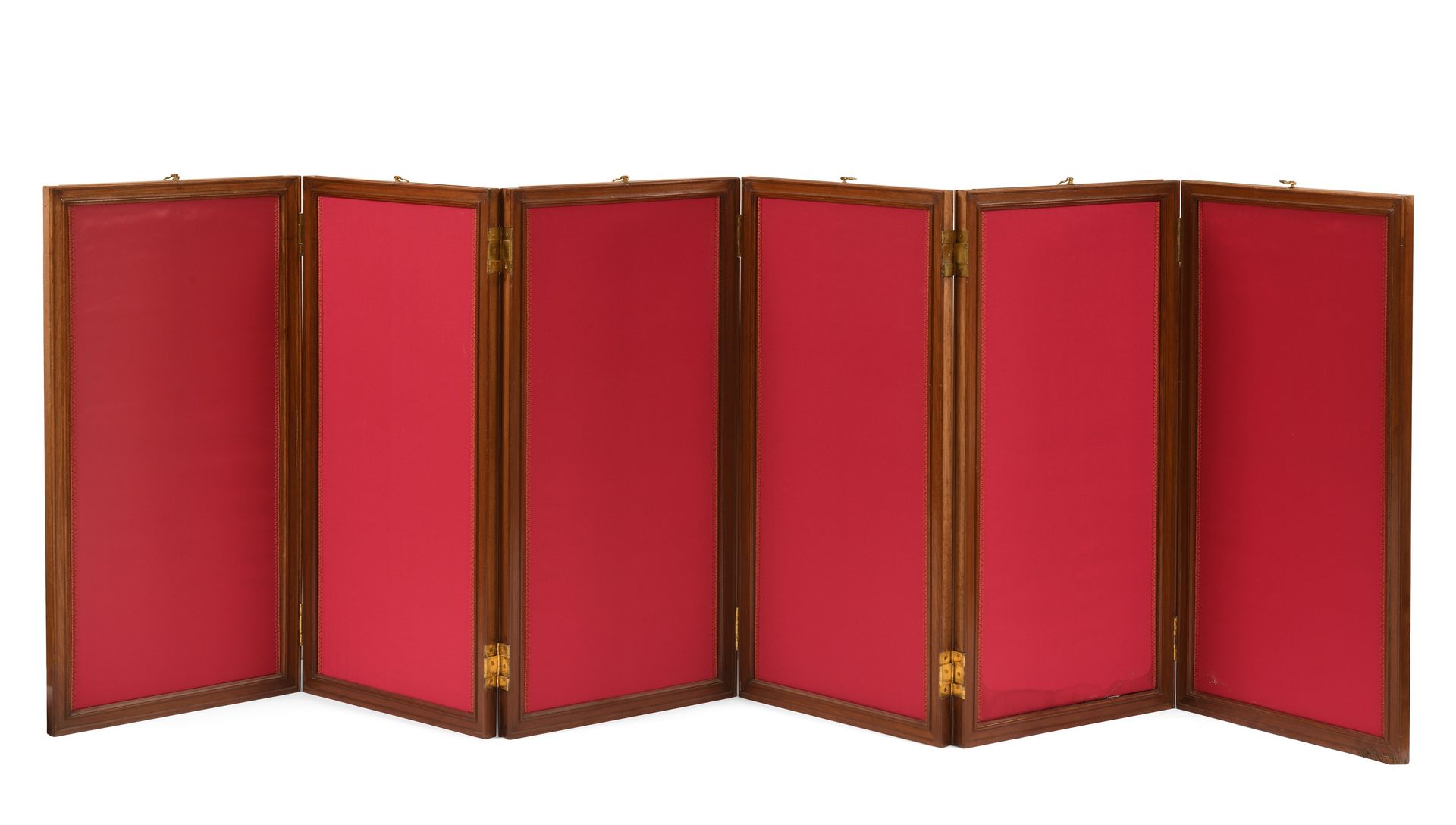 Null Six-leaf screen with molded mahogany frame, leaves lined with red silk and &hellip;