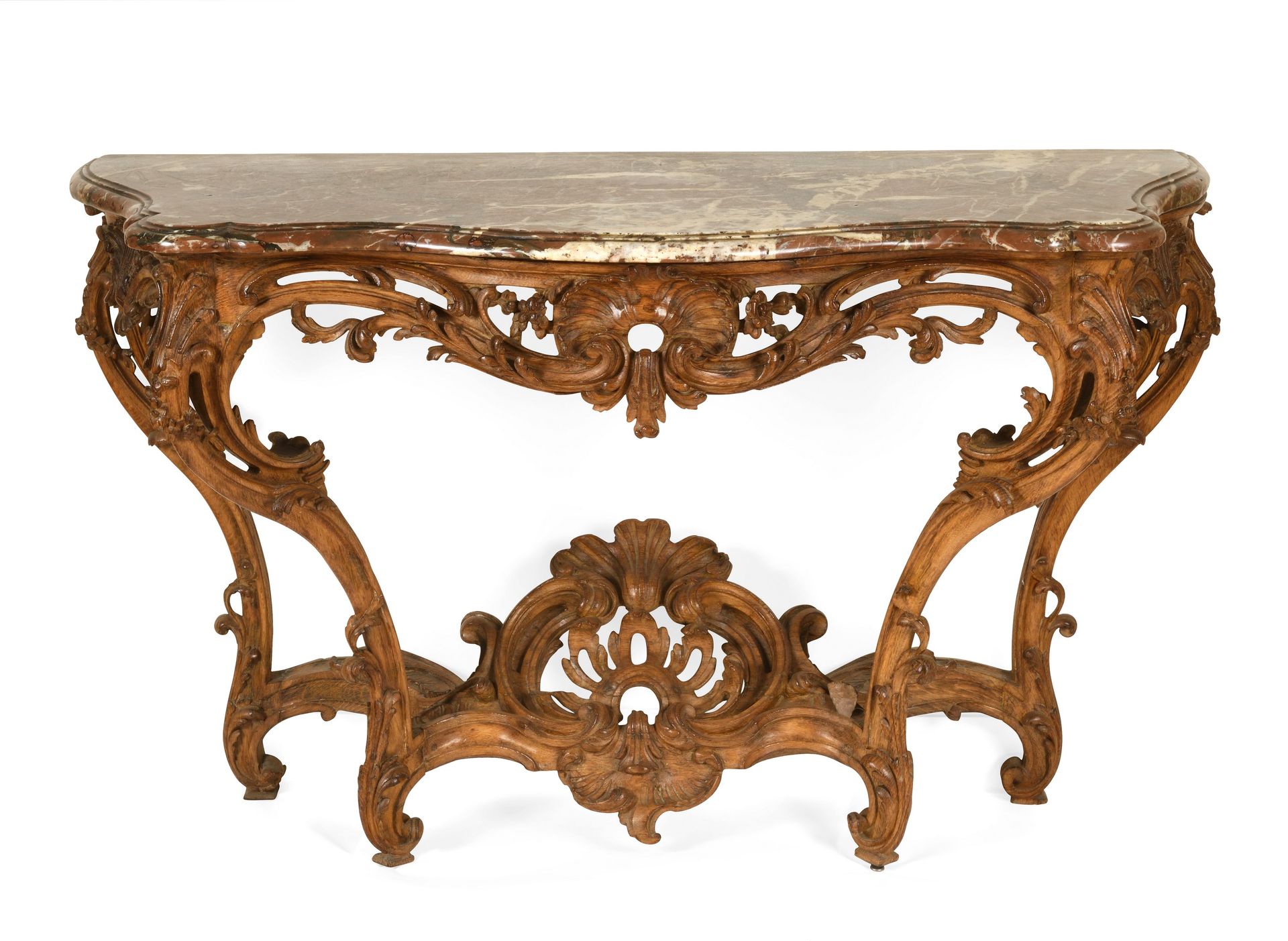Null A large console table in natural oak with carved scrolls, rocaille and flor&hellip;