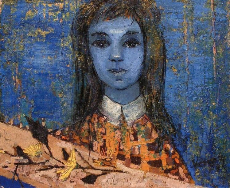 Gabrielle VERGEZ (XXe) «La petite fille bleue», 1954. Huile sur toile. Signé en &hellip;