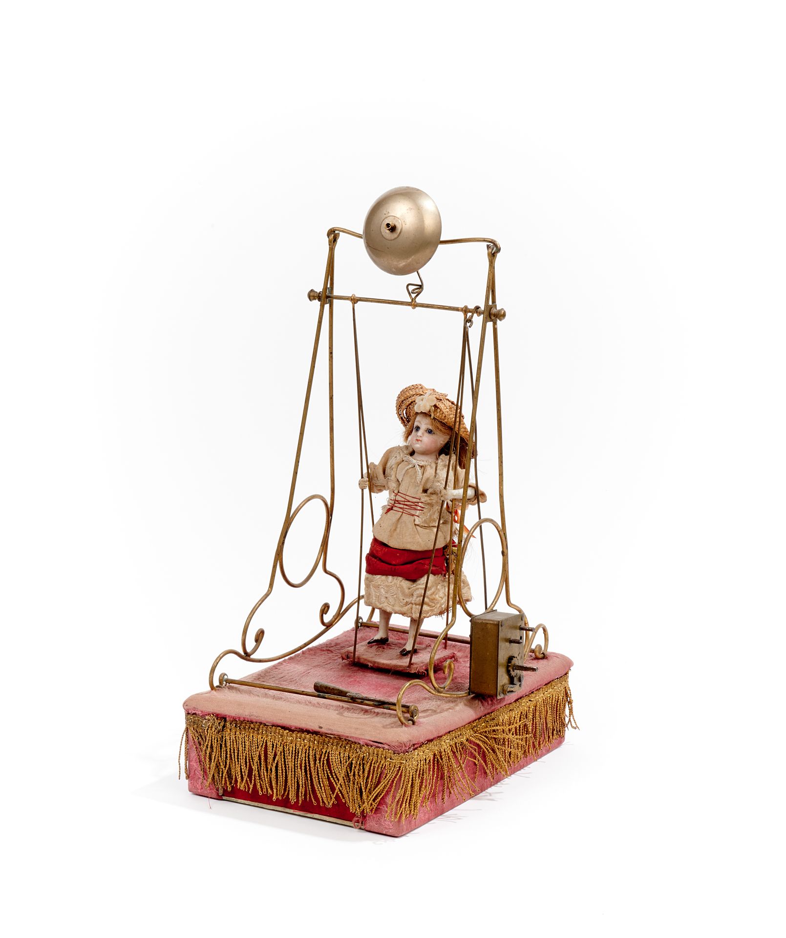 Null French mechanical toy, featuring a mignonette on a swing with bisque head, &hellip;