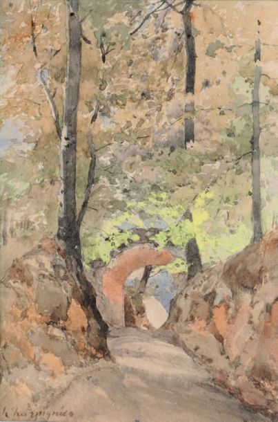 Henri HARPIGNIES (1819-1916) 
Chemin en sous-bois.
Aquarelle.
Signé en bas à gau&hellip;