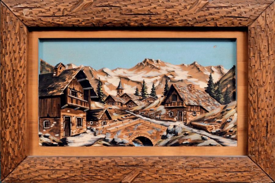 Null Chalet en montagne.
Tableau en bois sculpté et peint.
39 x 65 cm.
(Petit ma&hellip;