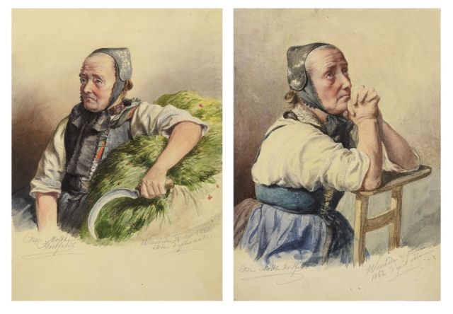 Null Deux portraits de la même vieille femme en costume traditionnel, à la fauci&hellip;