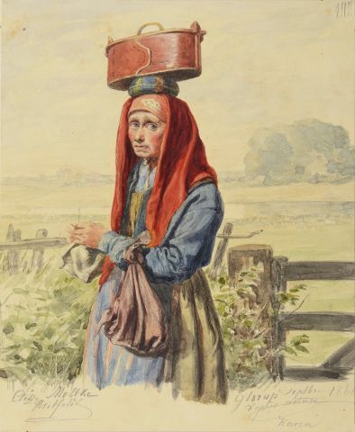 Null Portrait de vieille femme au foulard rouge dans un paysage portant une cass&hellip;