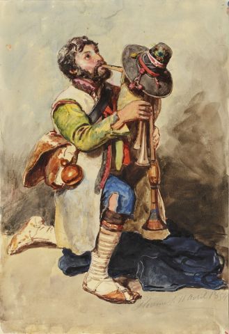 Null Portrait d'un joueur de cornemuse italien agenouillé.
Lavis, aquarelle et r&hellip;