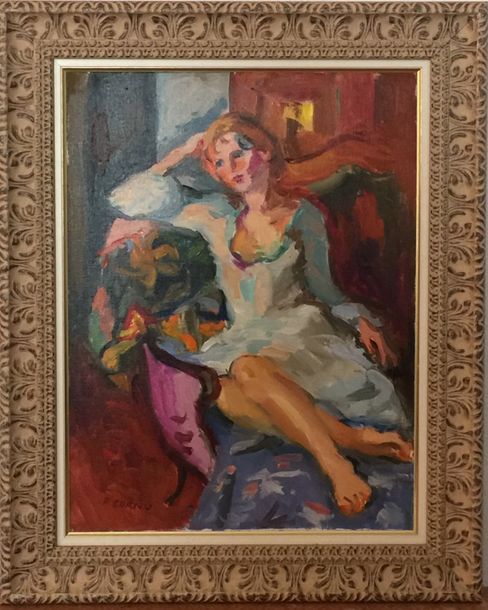 Null Pierre CORNU (1895-1996). Femme à la méridienne. Huile sur toile signée en &hellip;