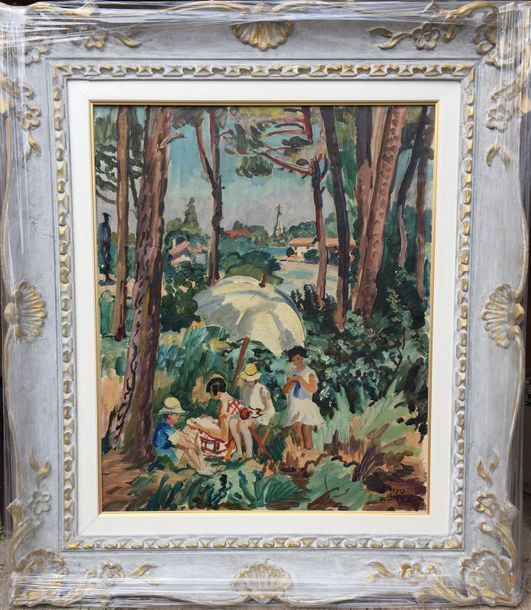 Null Georges de Sonneville (1889-1978). Sous le parasol. Huile sur toile signée &hellip;