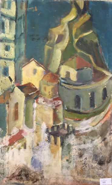 Nicolas ISSAIEV (1891-1977) Village.
Huile sur papier marouflée sur carton, cach&hellip;