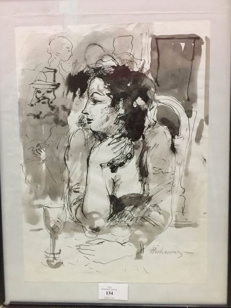 Hovhannès HAROUTIOUNIAN (1950) Femme attablée.
Encre de Chine, signée en bas à d&hellip;