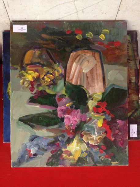 Ecole Moderne Nature morte au vase de fleurs.
Huile sur toile.
41 x 33 cm.