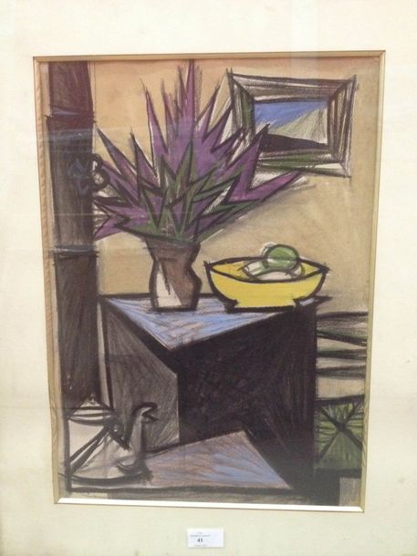 Ecole Moderne Vase de fleurs.
Pastel et gouache
33 x 26,55 cm. (mouillures).