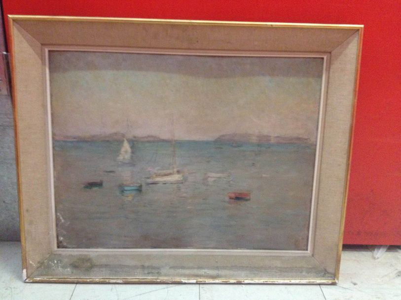Ernest DESURMOND (1870-1930) Marine.
Huile sur carton.
49 x 65 cm. (accidents).