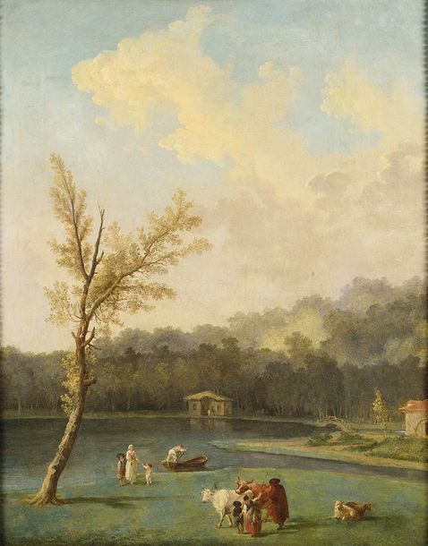 Hubert Robert (Paris, 1733-1808) Paysage fluvial animé de personnages et d'une b&hellip;
