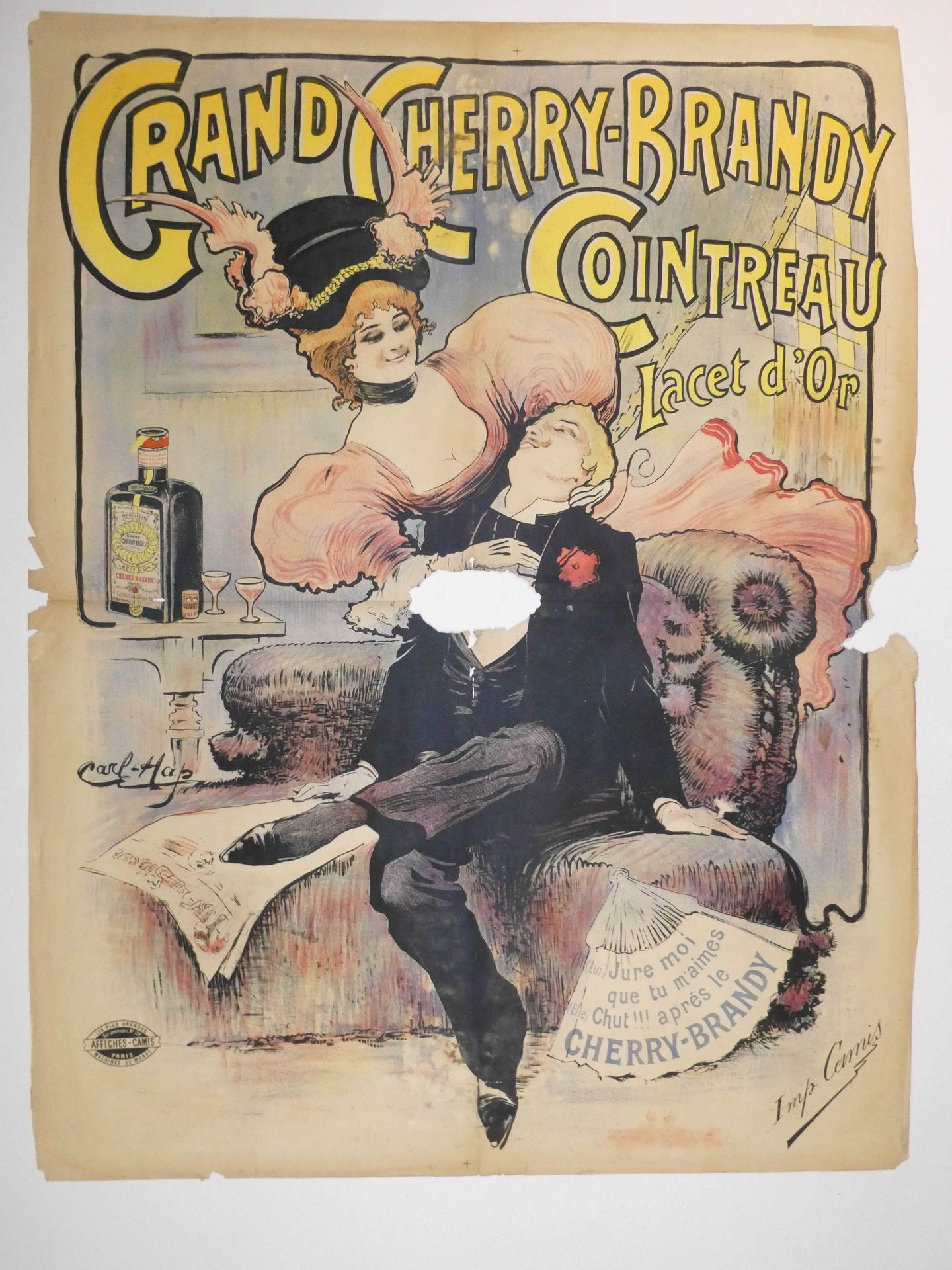 Null 卡尔-哈普（1819-1914）"大樱桃白兰地君度酒。金色的花边"。由卡米斯印刷。卡米斯海报。130x100.5. 显著的缺失。中心的缺陷有待修复和撕&hellip;