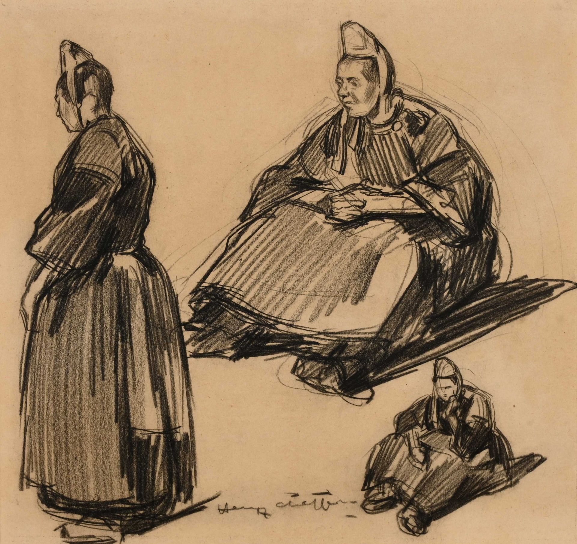 Null 亨利-切弗（1880-1957）《三个大人物》炭笔画20x22