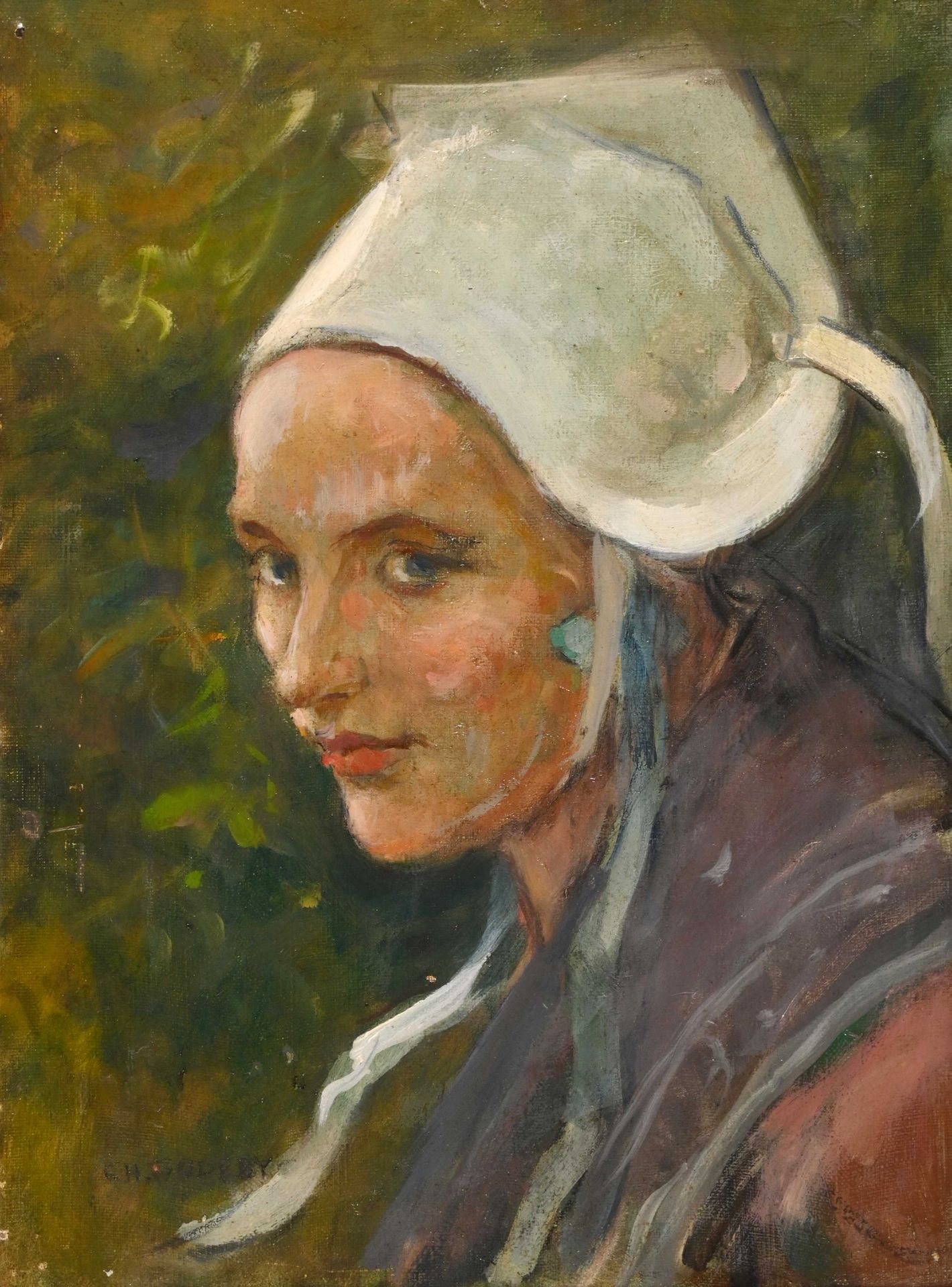Null Charles GODEBY (1866-1952) "Young Breton woman in headdress" hst sbg 35x26