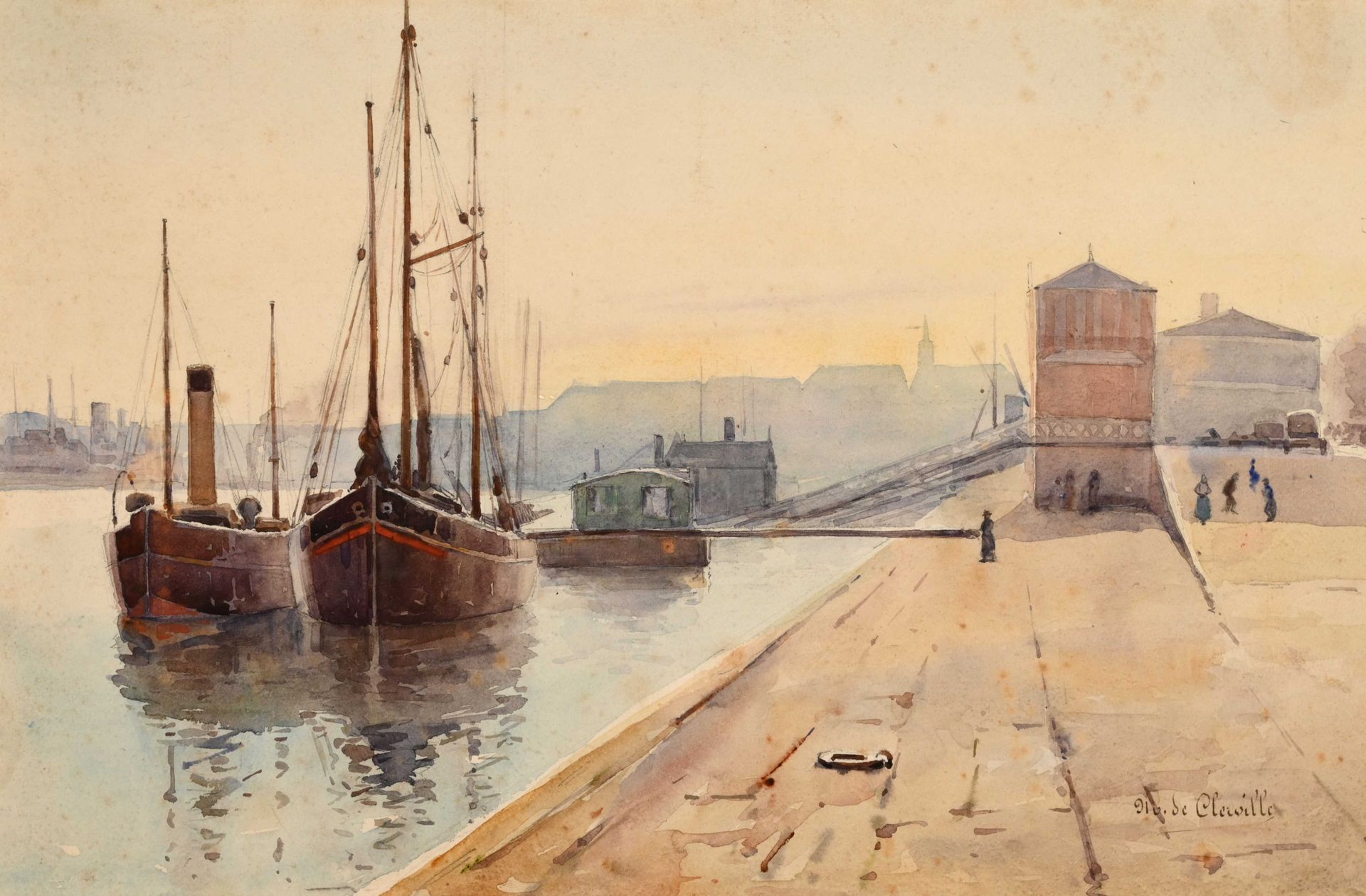 Null 玛格丽特-德-克莱维尔（XIX-XX）《南特的福斯码头》水彩画，31x48