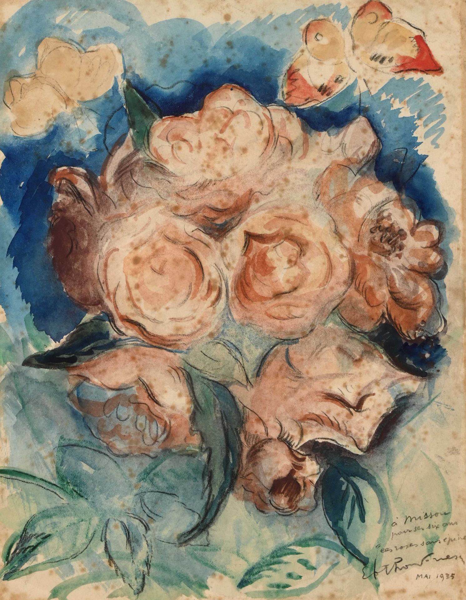 Null Emile Othon FRIESZ (1879-1949) "带蝴蝶的玫瑰花束" 水彩和木炭画，注明日期为1935年5月，寄给 "Missou" 2&hellip;