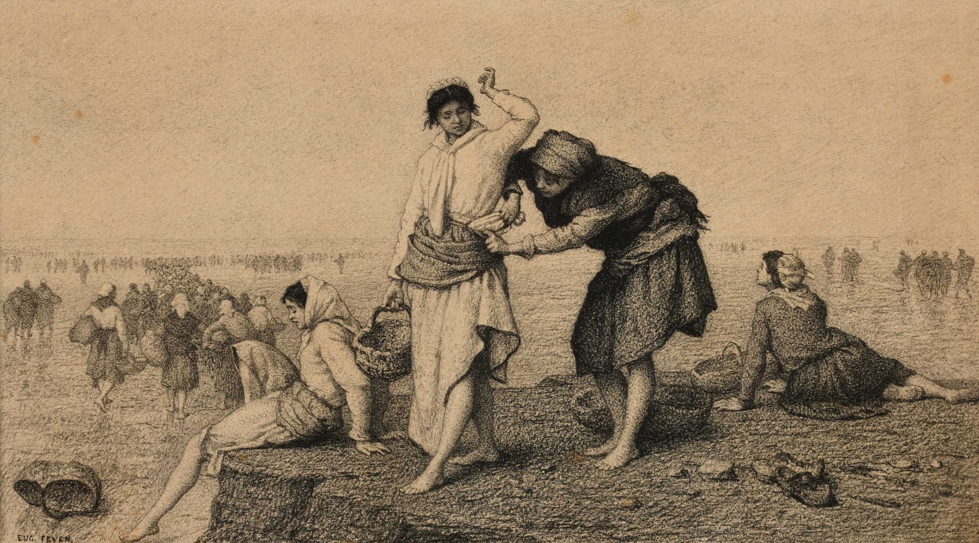 Null Eugène FEYEN (1815-1908) "The fisherwomen" pencil sbg 17x30.5