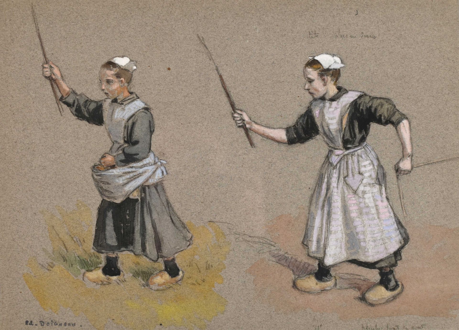Null Edouard DOIGNEAU (1865-1954) "Studio di due giovani donne bretoni" acquerel&hellip;