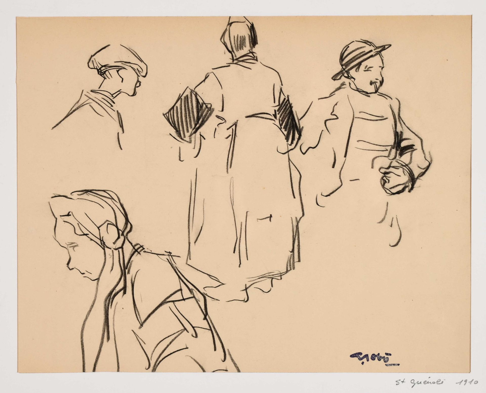 Null Georges GOBO (1876-1958) "Skizze von Bigoudens" Fettstift kaschiert 24,5x31