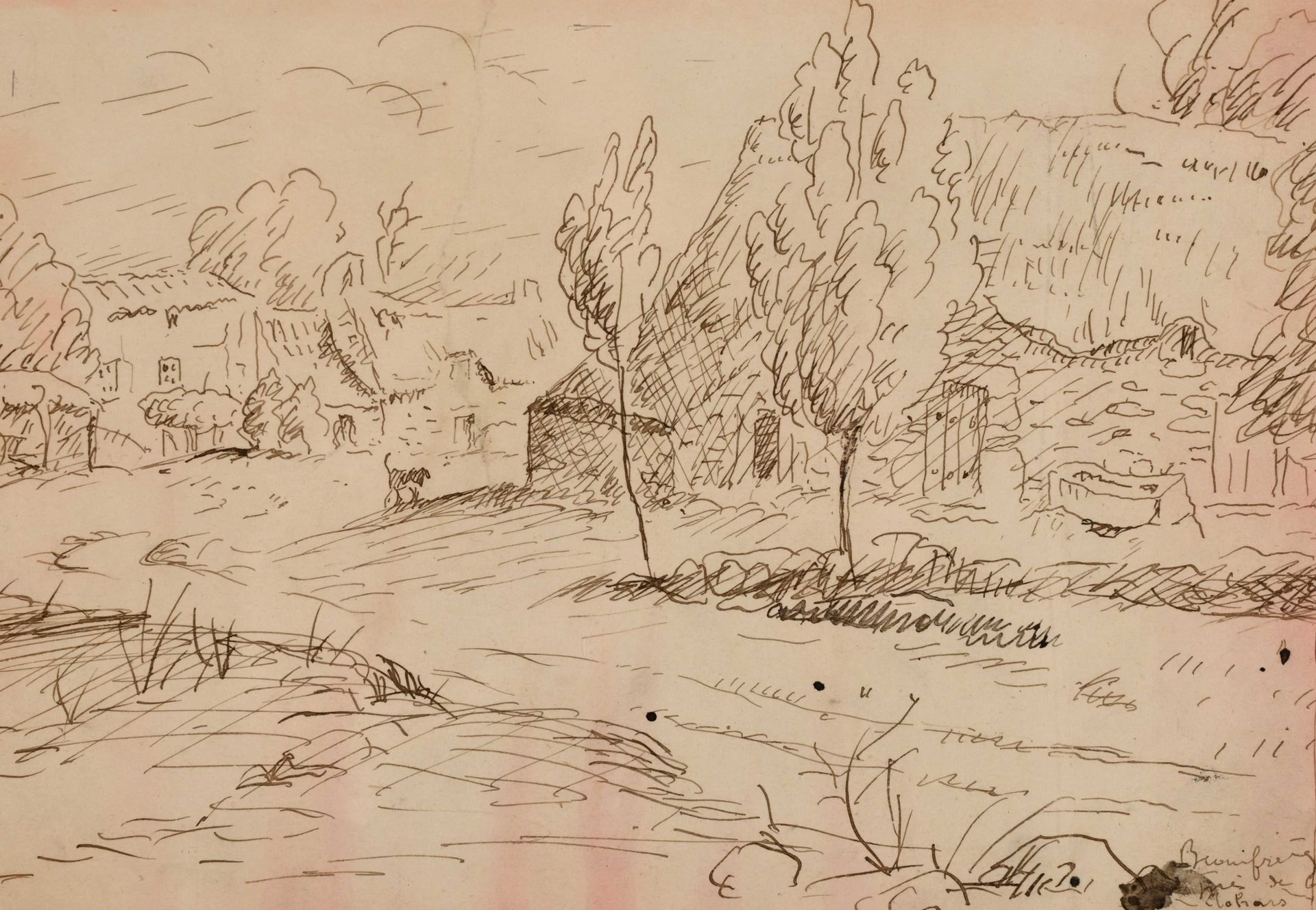 Null Adolphe BEAUFRERE (1876-1960) "有小狗的农场"，墨迹，15.5x22.5