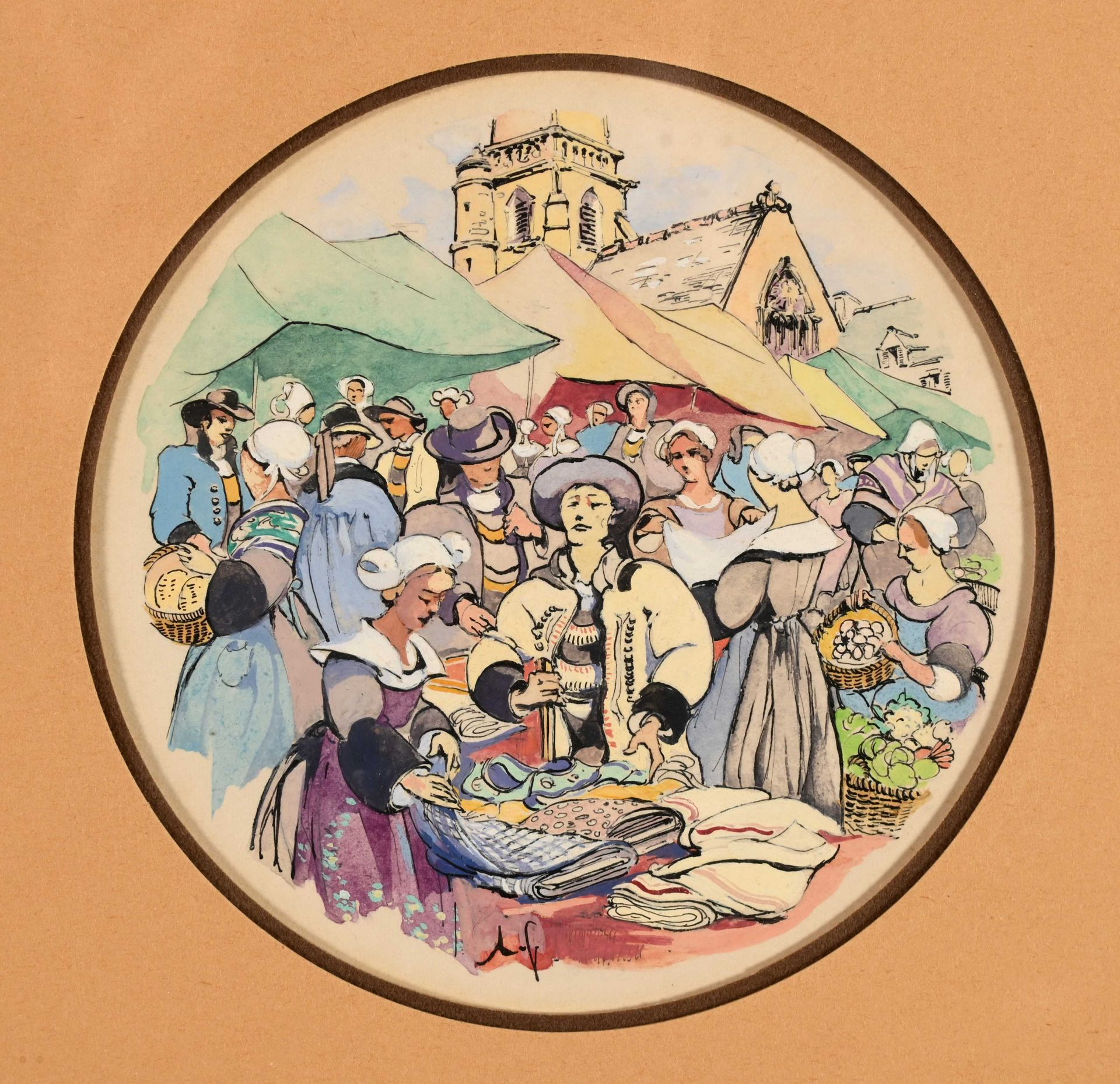 Null Louis GARIN (1888-1959) "Breton market" watercolour mbc of round form D : 1&hellip;