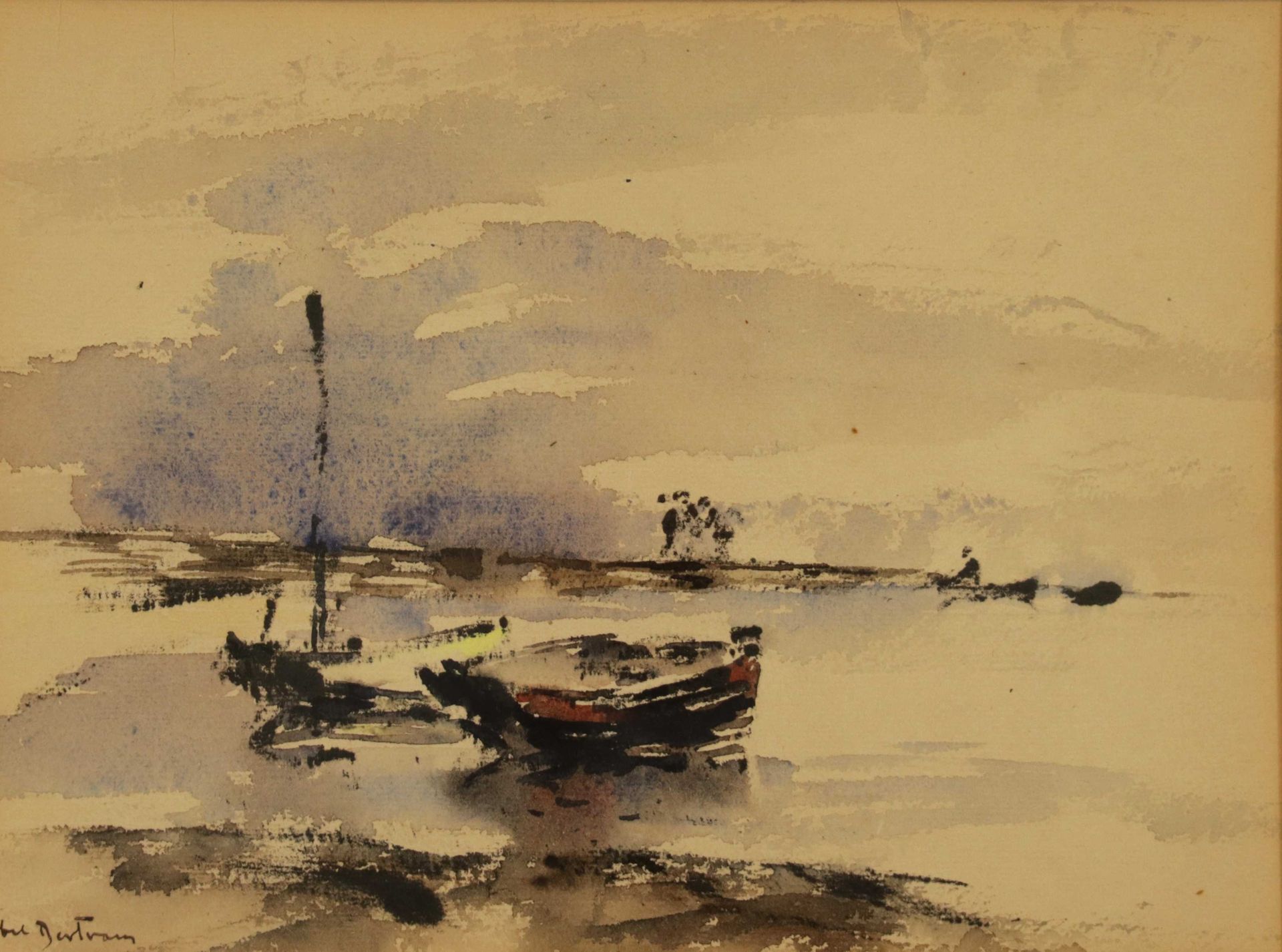 Null Abel BERTRAM (1871-1954) "Deux barques dans l'anse" aquarelle sbg 19x26