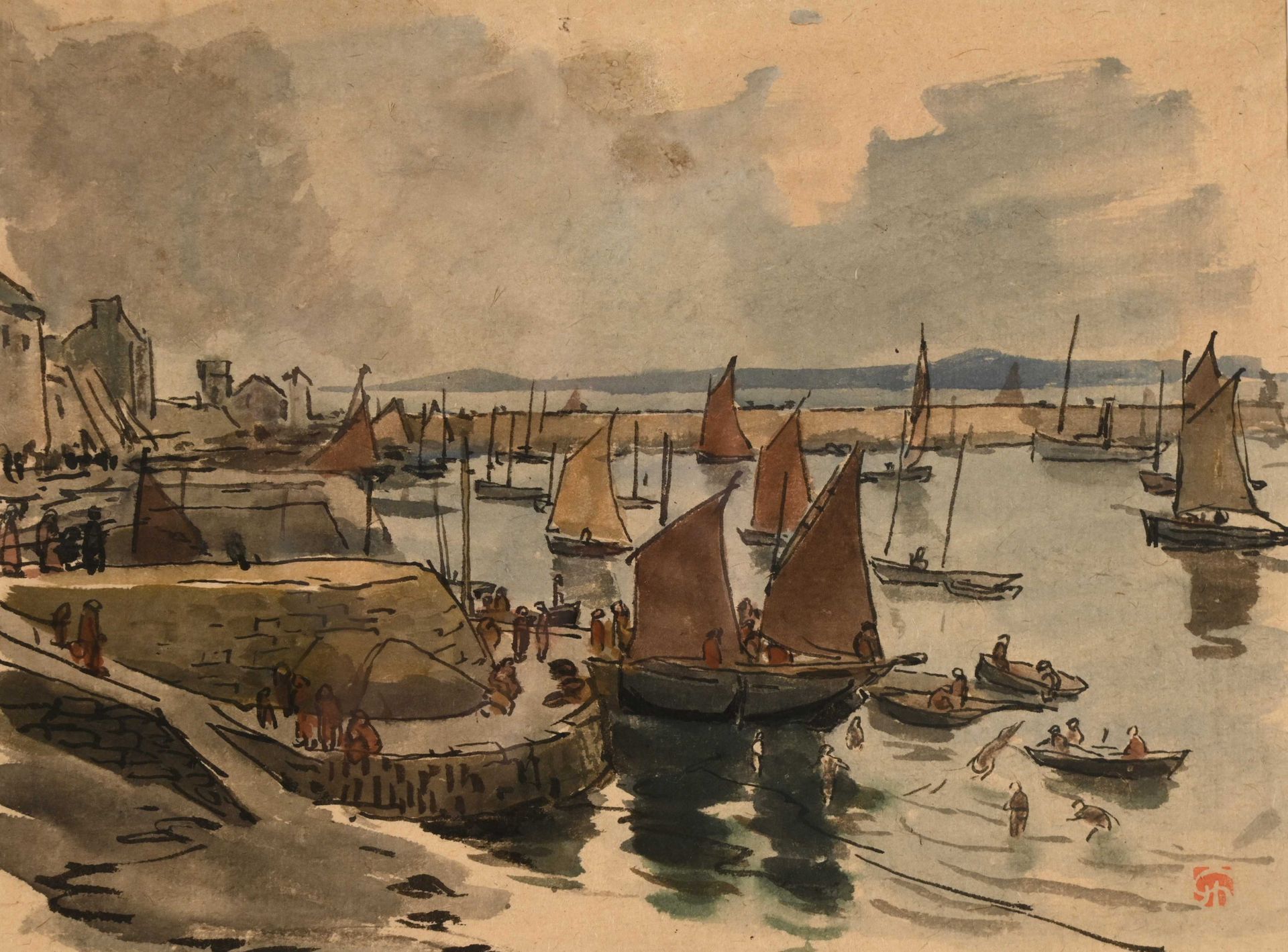 Null 儒勒-夏德尔（1870-1942）《从杜阿内兹捕鱼归来》水彩画23x30.5英寸