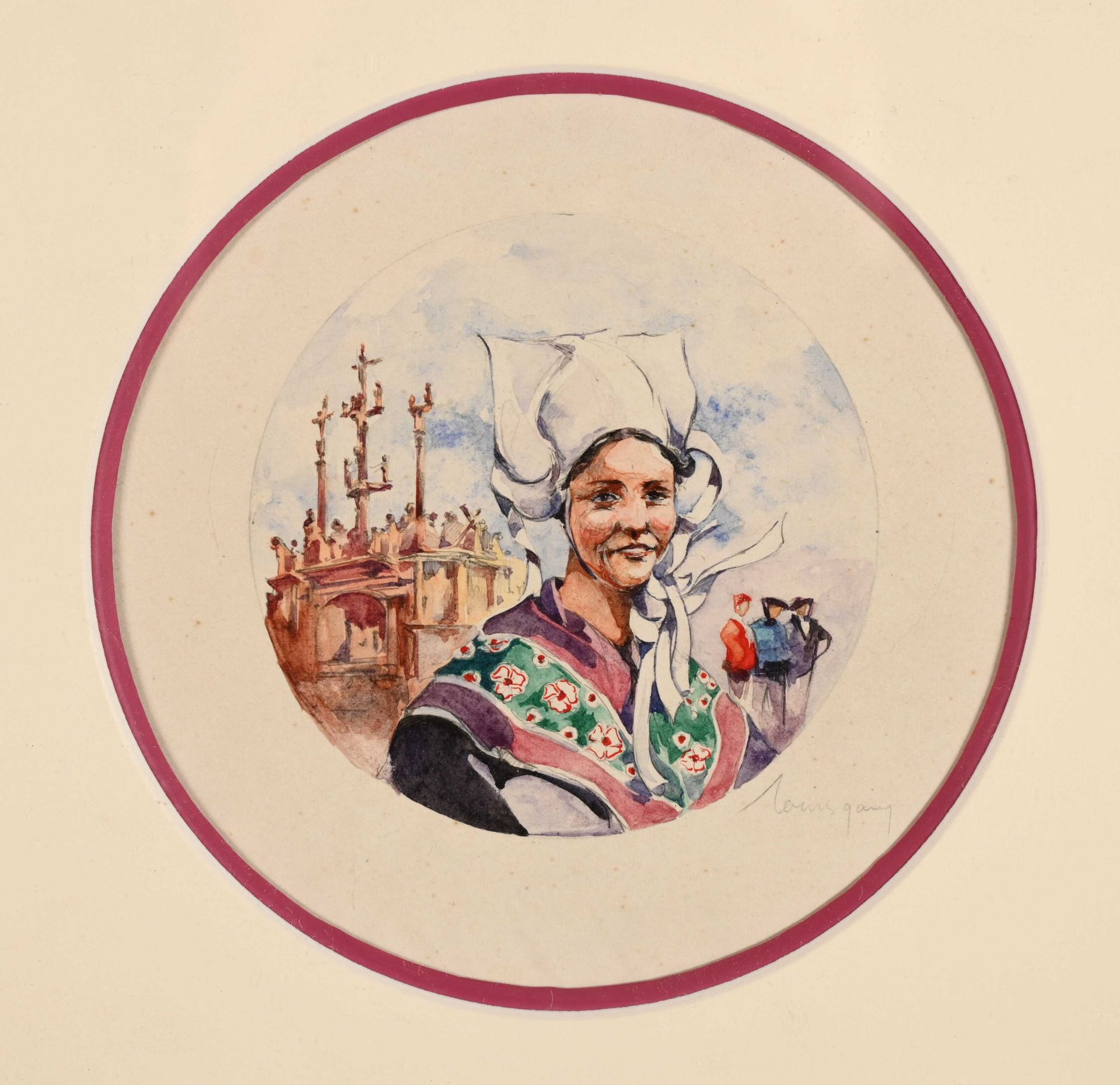 Null 路易-加林(1888-1959)《髑髅前的普鲁加斯特尔女人》圆型水彩画 D: 10厘米