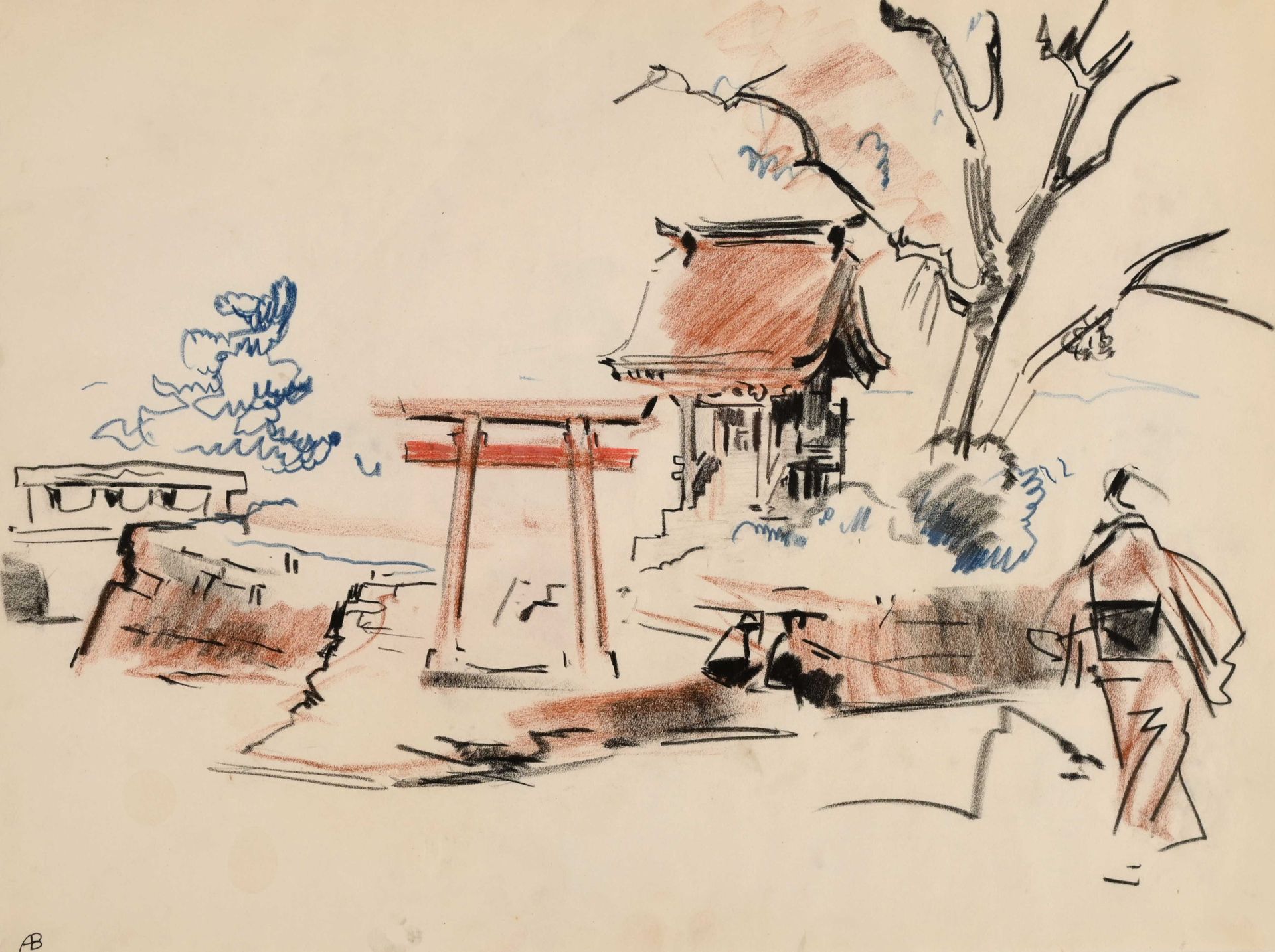 Null Albert BRENET (1903-2005) "Japon, entrée de temple avec Tori" crayolors mbg&hellip;