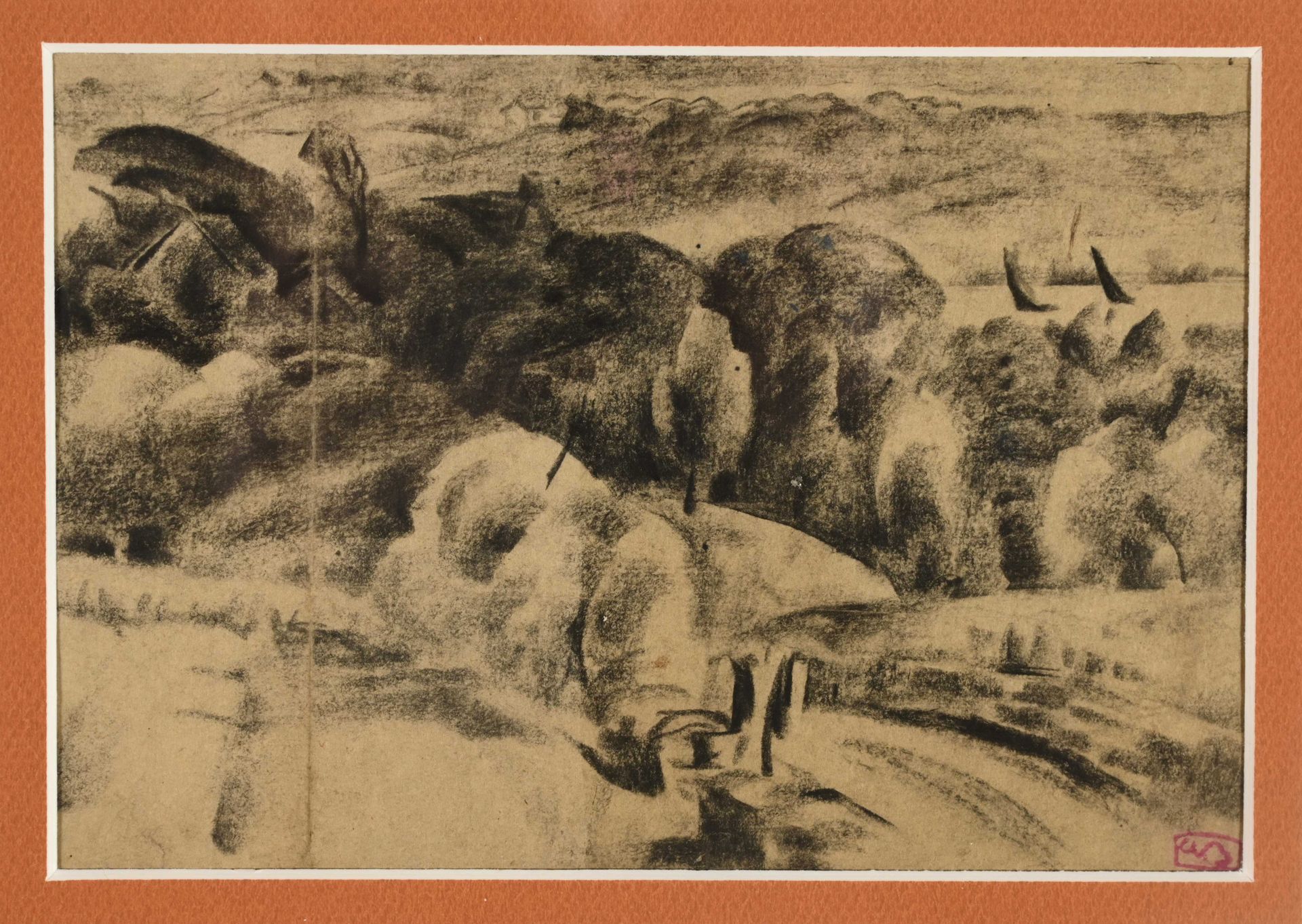 Null Adolphe BEAUFRERE (1876-1960) "Paesaggio con due velieri" carboncino cabd 1&hellip;