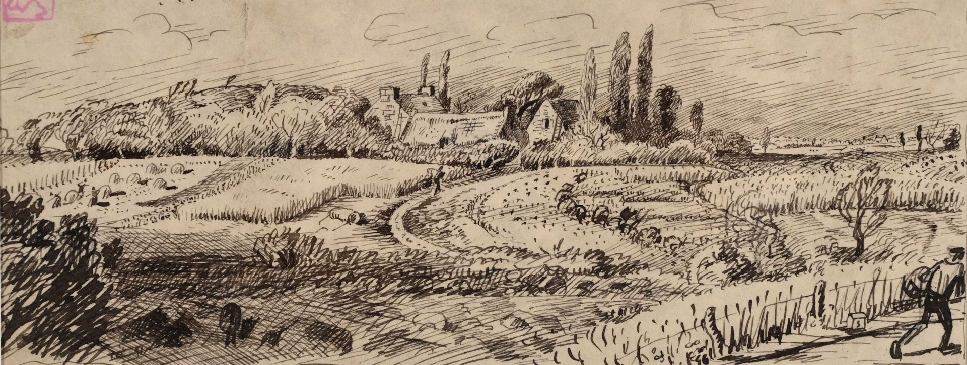 Null Adolphe BEAUFRERE (1876-1960) "Bretonischer Bauernhof" Tinte cahg 8,5x22