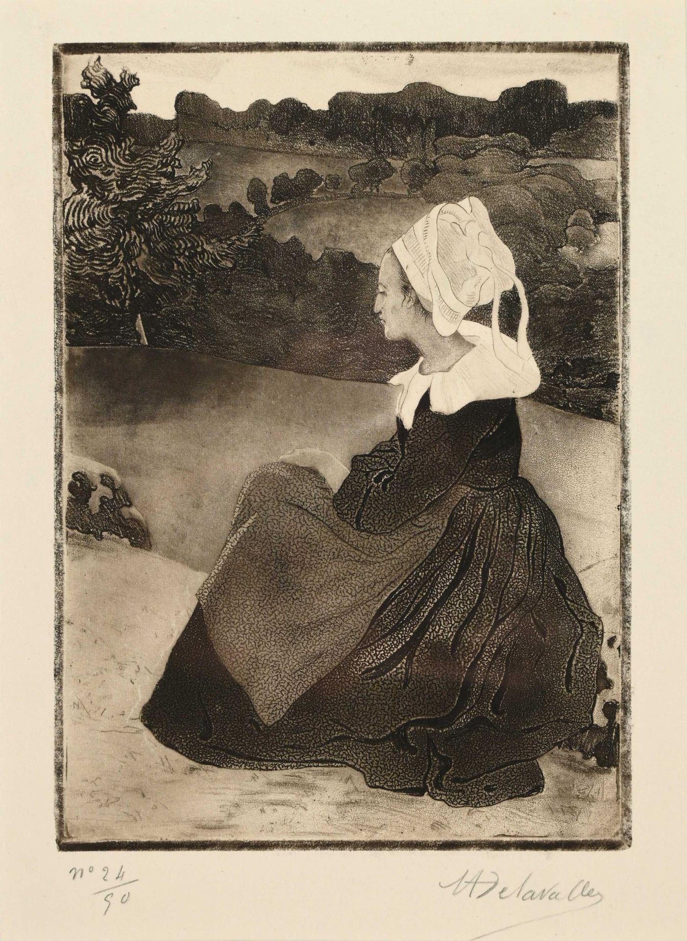 Null Henri DELAVALLEE (1862-1943) "Bretonne en noir" 软质清漆，干点和水粉画，编号24/50。文号：Mora&hellip;